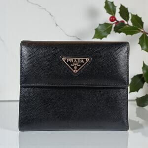 Authentic Prada Saffiano Leather Triangle Logo Trifold Black Wallet